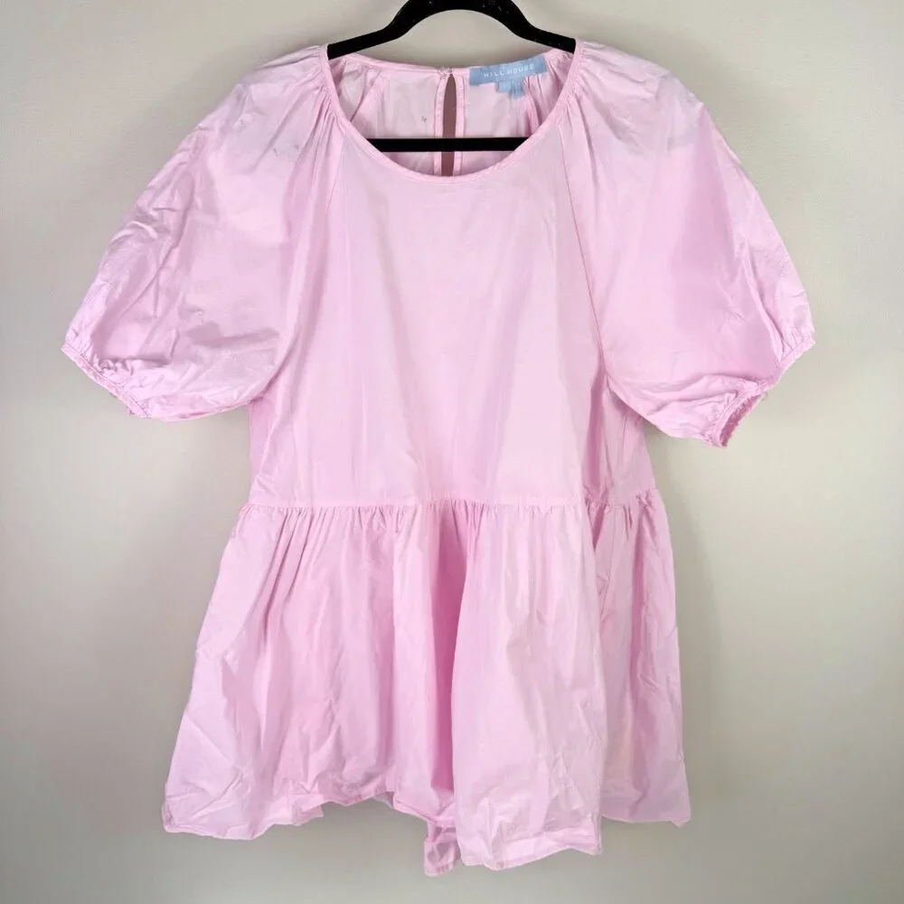 Hill House Francesca Top Ballerina Pink L Cotton Puff Sleeve Babydoll Blouse